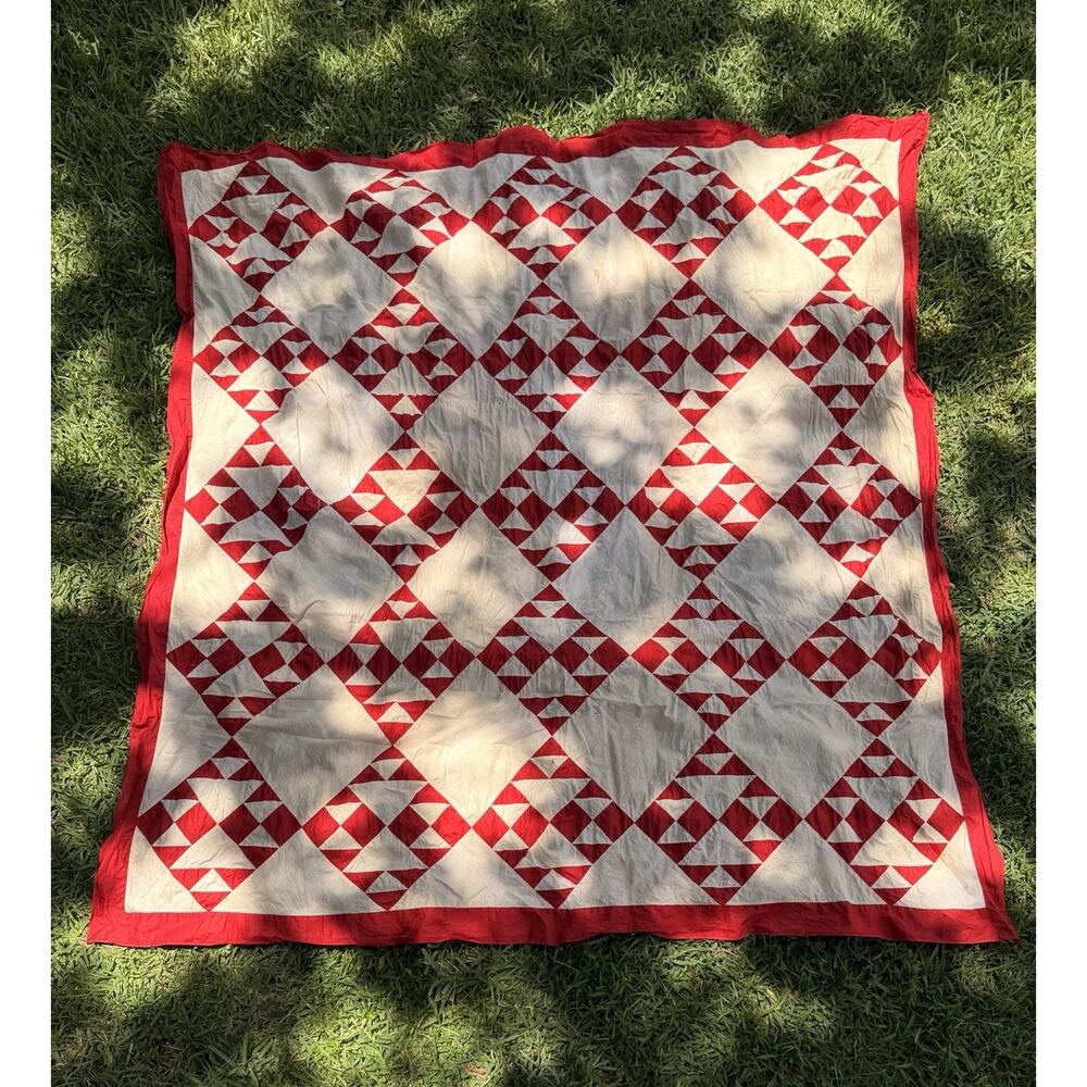 Antique Hand Pieced Red & White Quilt Top Lady of Lake 78x82 Farmhouse VGC AS IS - Picture 3 of 16